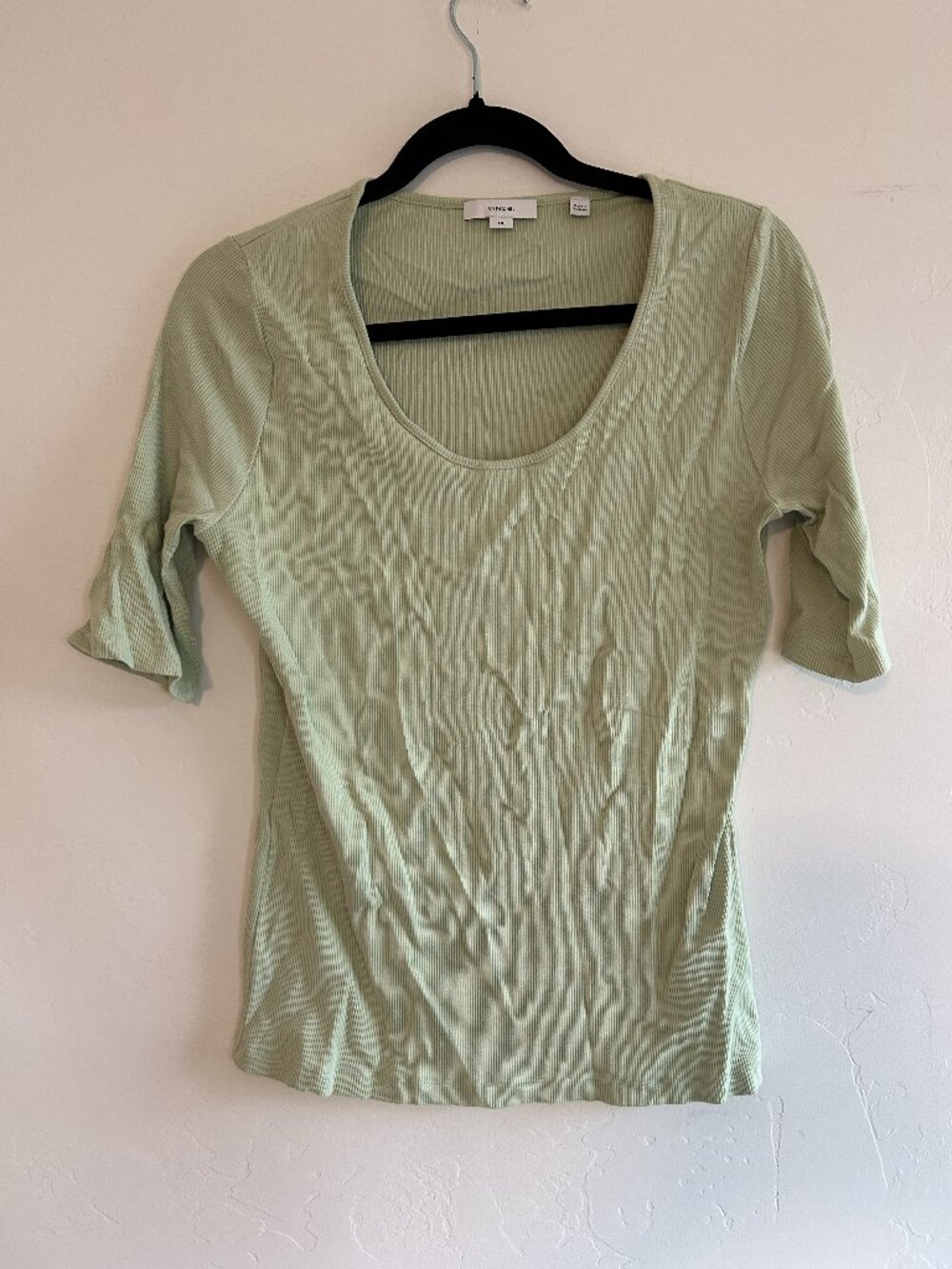 Vince Green Ribbed Rayon & Spandex Elbow Sleeve Scoop Neck T-Shirt